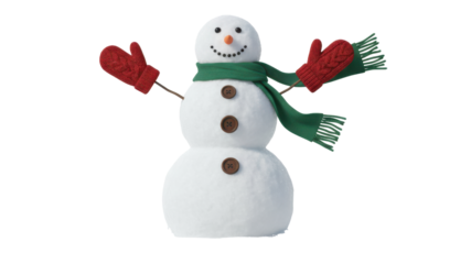Classic Snowman Figure Wearing Knit Red Mittens and Green Scarf with Brown Buttons isolated on Transparent Background