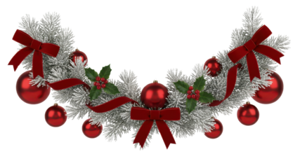 Festive Christmas Swag Garland with Frosted Pine, Red Ornaments, and Velvet Ribbons isolated on Transparent Background