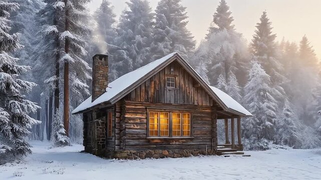 Cozy Winter Cabin in Snowy Forest - Warmth and Serenity.
