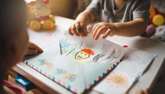 Childhood creativity and joy. Closeup of children drawing pictures, with an open envelope. Home, learning, imagination, innocence. Perfect for education or family themes. - Powered by Adobe