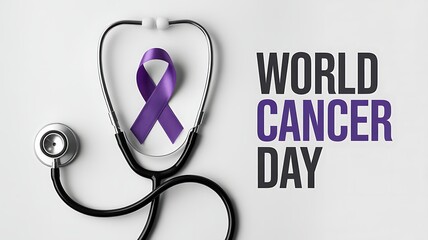 World cancer day awareness with stethoscope and purple ribbon isolated on white background