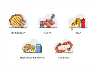 Food & Cuisine Icon Set: Pizza, Sushi, Arepa, and Breakfast