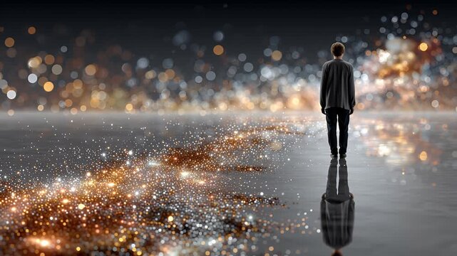 Allein stehende Person in abstrakter Lichtlandschaft
