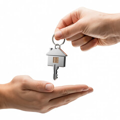 High-contrast white beige real estate key exchange, two hands handshake, silver house keychain, minimal wooden house, clean professional background, soft shadows, elegant property photography.