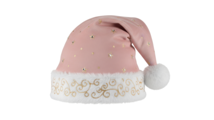 Luxury Pink Santa Hat Product Shot with Gold Embroidery and Fluffy White Trim isolated on Transparent Background