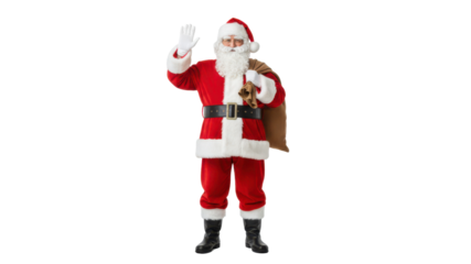 Full Body Santa Claus Holding Toy Sack Waving Hello isolated on Transparent Background