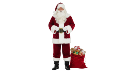 Traditional Santa Claus in full velvet suit standing with a red sack of gifts isolated on Transparent Background