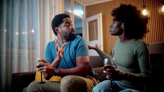 Woman feeling jealous and suspicious of possible infidelity at home, sitting on sofa while man hides his phone