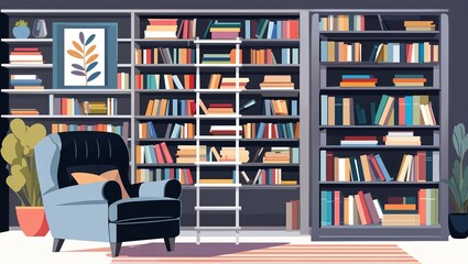 Cozy Reading Nook with Extensive Bookshelves