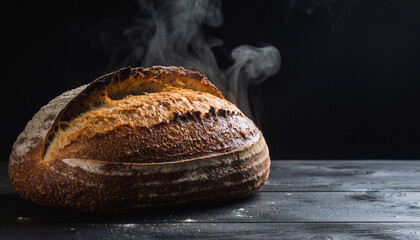 Freshly baked, crusty bread loaf steaming on a dark, rustic wood surface against a black backdrop. Perfect for food blogs, restaurant menus, or artisanal bakery promotions.
