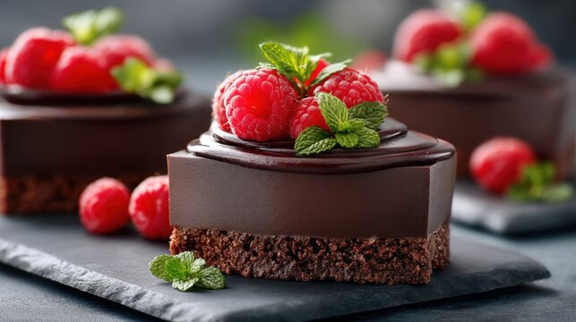 Chocolate dessert with raspberries and mint - Powered by Adobe