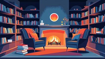 Cozy Evening by the Fireplace in a Book-Filled Library