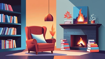 Cozy Reading Nook by the Fireplace: A Winter Evening's Delight