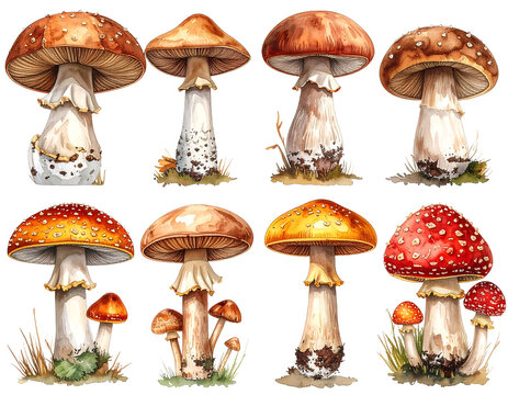 Watercolor illustration featuring a colorful group of various wild mushrooms and toadstools.