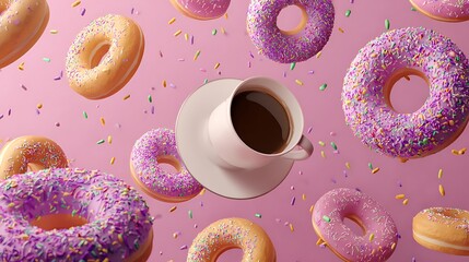 Playful donut poster with variety of sprinkled donuts floating, coffee cup centerpiece 