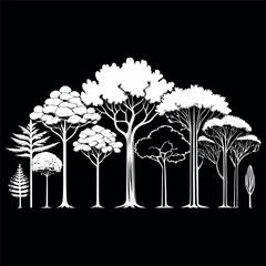 Minimalist white tree silhouettes on a solid black background, clean line-art style, evenly spaced, elegant and modern forest illustration
