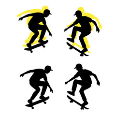 Skateboarder silhouette performing dynamic jump trick. Urban street sport vector illustration