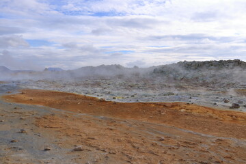 Hverir geothermal area with boiling mudpools and steaming fumaroles in Iceland also known as Hverarond