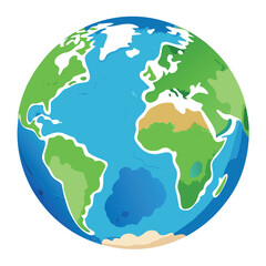 A colorful vector-style globe with bright blue oceans and green continents, illustrated in a clean, modern, and slightly cartoonish style