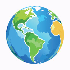 A colorful vector-style globe with bright blue oceans and green continents, illustrated in a clean, modern, and slightly cartoonish style