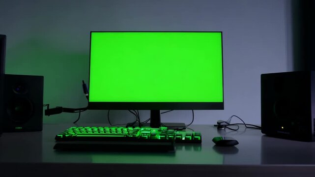A computer desk setup with a green screen monitor, illuminated keyboard, and speakers in a dimly lit room. 4k Video footage.