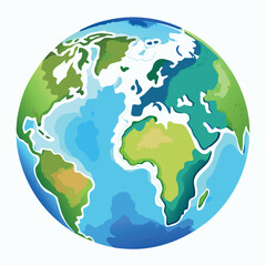 A colorful vector-style globe with bright blue oceans and green continents, illustrated in a clean, modern, and slightly cartoonish style