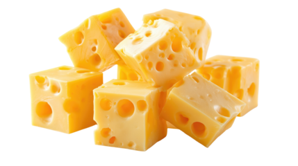 Cheese cubes isolated on white or transparent background, perfect for packaging design, dairy product advertising or culinary projects.