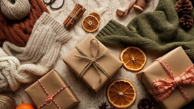 Cozy Hygge Flat Lay Featuring Warm Knitted Sweaters, Yarn, and Autumnal Crafting Supplies.