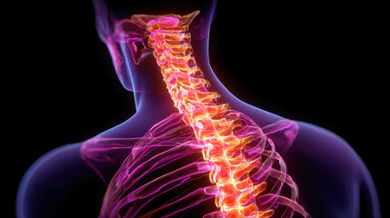 Human body showing cervical spine with red highlighting indicating pain, injury, or inflammation, representing neck discomfort and medical condition in anatomy visualization