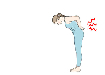 腰痛で腰を抑えて痛みをこらえる女性のイラスト 全身横向き カラー