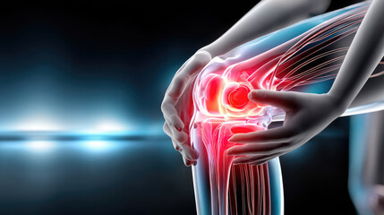 Human hand grasping a knee with visible bones glowing red in a painful joint, contrasting with a healthy blue knee, illustrating concepts of orthopedic conditions, treatment, and injury