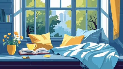 Cozy Window Seat with Book and Coffee, Serene Spring Morning