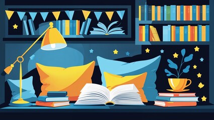 Cozy Night Reading Nook: A Serene Illustration of a Book-Filled Room