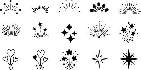  Hand-drawn line sunbursts, cartoon star sparkles, and playful surprise rays with comic starbursts and whimsical sunshine