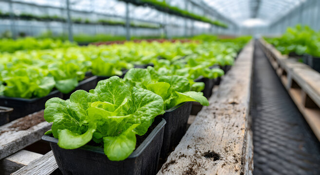 Young lettuce and mixed greens growing in black pots arranged on wooden pallets inside bright greenhouse with glass roof, showing how modern indoor farms cultivate healthy vegetables - Powered by Adobe