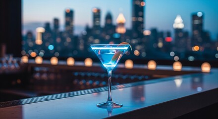Vibrant blue martini cocktail on a sleek bar counter garnished with an orange peel Blurred urban cityscape at night