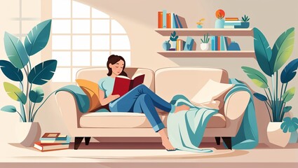 Peaceful Moment: Woman Reading on Cozy Sofa