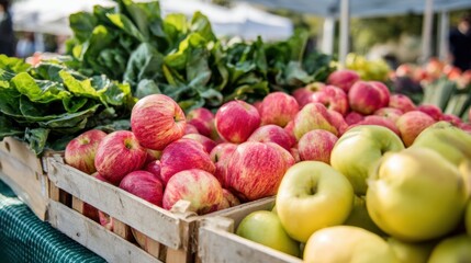 Stalls showcase a bountiful collection of red and green apples surrounded by vibrant leafy greens.