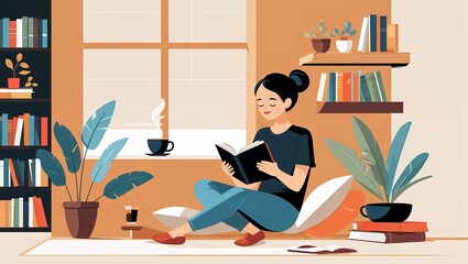 Cozy Reading Nook: Woman Enjoying a Book with Coffee