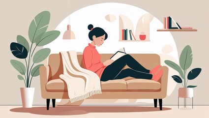 Cozy Reading Moment: Woman Relaxing on Sofa with Book