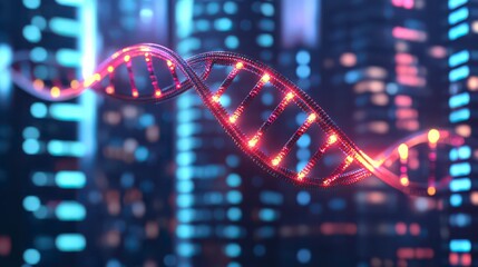 A glowing DNA strand floats against a futuristic city backdrop, symbolizing the intersection of genetics and technology.