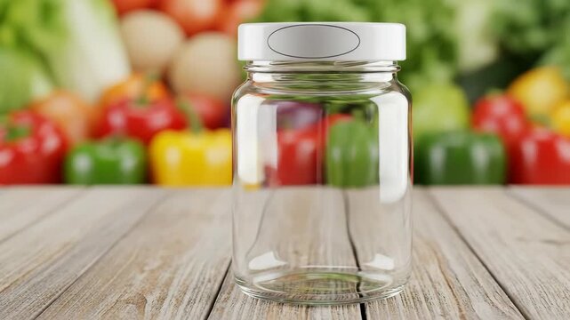 Transparent bottle display against colorful vegetable backdrop with wooden surface