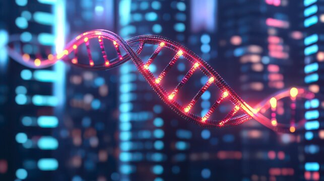 A glowing DNA strand floats against a futuristic city backdrop, symbolizing the intersection of genetics and technology.