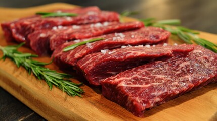 Juicy beef ribs arranged on a wooden board with fresh herbs ready for grilling or roasting.