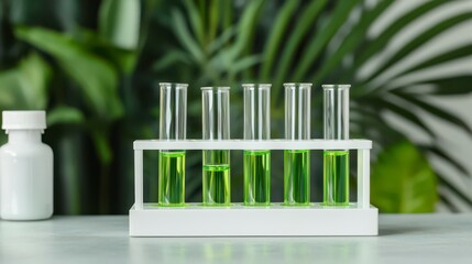 A set of test tubes with green liquid stands on a table, surrounded by lush green plants, suggesting a scientific or experimental theme.