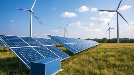 Renewable energy scene featuring solar panels and wind turbines in a lush field under a clear blue sky.