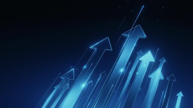 3D render: Glowing blue arrows moving upward on dark background. Symbolizes business growth, success, progress, data, technology, future. Abstract digital backdrop, motion graphic element.