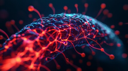 A vibrant, abstract depiction of interconnected lines and nodes, suggesting a digital network or neural pathways with glowing red and blue elements.