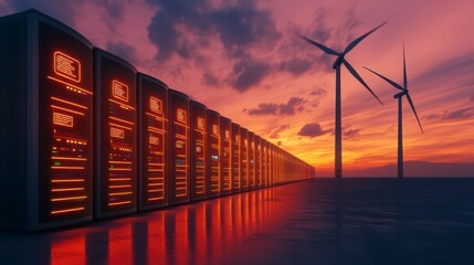 A futuristic landscape featuring illuminated server racks against a sunset backdrop with wind turbines, symbolizing technology and renewable energy.