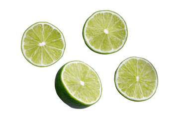 Fresh green lime halves and whole limes scattered on black background citrus fruit, Isolated On White Background, Png Transparent